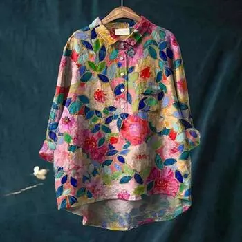 Женская рубашка с лацканами и пуговицами на рукавах 3/4, рубашка с вырезом, топы с цветочным принтом, свободная посадка, повседневная рубашка, тонкая блузка, уличная одежда L