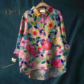 Женская рубашка с лацканами и пуговицами на рукавах 3/4, рубашка с вырезом, топы с цветочным принтом, свободная посадка, повседневная рубашка, тонкая блузка, уличная одежда L зелёный/жёлтый