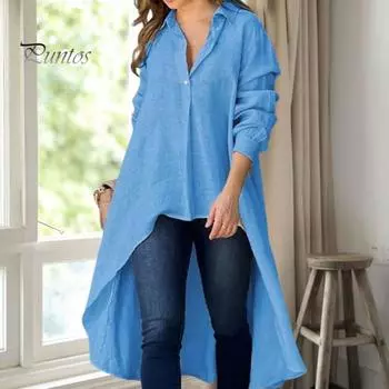 Женская рубашка с лацканами и пуговицами, сплошная цветная рубашка с длинными рукавами и неровным подолом, свободная тонкая рубашка, топы, рабочая одежда L серый