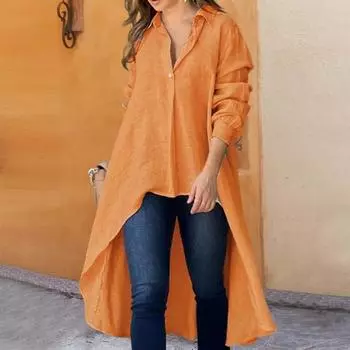 Женская рубашка с лацканами и пуговицами, сплошная цветная рубашка с длинными рукавами и неровным подолом, свободная тонкая рубашка, топы, рабочая одежда M абрикосовый