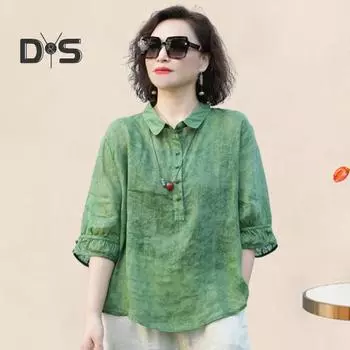 Женская рубашка с лацканами и пуговицами, вырез с половиной рукавом, пуловер, топы с жаккардовым принтом, однотонные свободные тонкие рубашки, топы XL зелёный