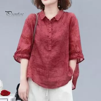 Женская рубашка с лацканами и пуговицами, вырез с половиной рукавом, пуловер, топы с жаккардовым принтом, однотонные свободные тонкие рубашки, топы L красный