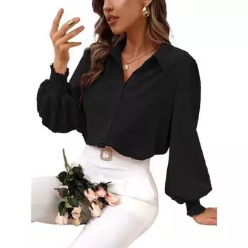 Женская рубашка с лацканами и рукавами-фонариками, однотонная рубашка S чёрный