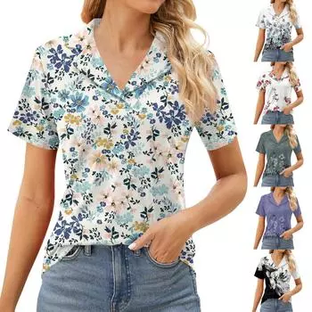 Женская рубашка с лацканами и V-образным вырезом с коротким рукавом Формальная повседневная туника Топ XXL