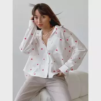 Женская рубашка с лацканами из хлопка и льна с принтом «Весна 2024» — европейская и американская мода Small