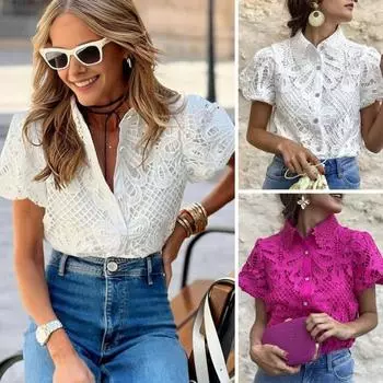 Женская рубашка с лацканами, коротким рукавом, приталенная рубашка, топы, однотонная, с застежкой на пуговицы, ажурное кружево M розы красного