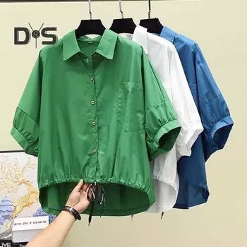 Женская рубашка с лацканами на весну и лето, топы с нерегулярной спиной, половина рукава, пуговицы, половина планки, однотонная рубашка с завязками на подол 2XL белый