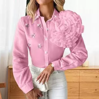 Женская рубашка с лацканами, однобортная цветная трехмерная рубашка, топы, однотонная рубашка с длинным рукавом и цветами, декор со стразами XL жёлтый