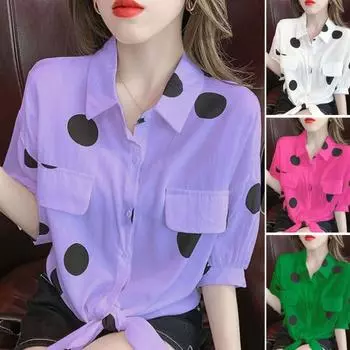 Женская рубашка с лацканами, однобортная рубашка с длинным рукавом, топы, свободный крой, искусственные карманы с клапанами, точечный принт L зелёный