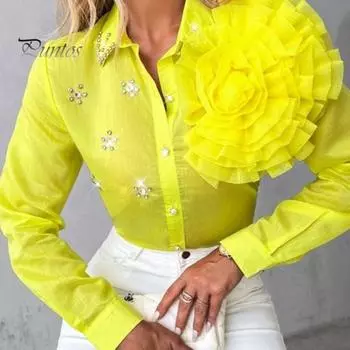 Женская рубашка с лацканами, однобортная рубашка с длинным рукавом, топы, однотонная трехмерная рубашка с цветочным декором и стразами S жёлтый