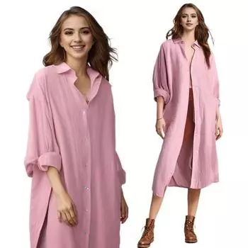 Женская рубашка с лацканами, однобортная рубашка с длинным рукавом, однотонная свободная рубашка средней длины, солнцезащитная повседневная рубашка, уличная одежда 2XL небесно-голубой