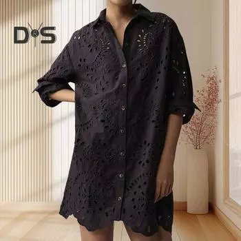 Женская рубашка с лацканами, однобортная рубашка средней длины с длинным рукавом, однотонная, свободная посадка, плиссированная рубашка с цветочным принтом XL фиолетовый