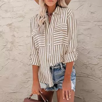 Женская рубашка с лацканами, полосатая рубашка с длинным рукавом и принтом, топы с накладными карманами, однобортная, свободная посадка, повседневная офисная L королевский синий