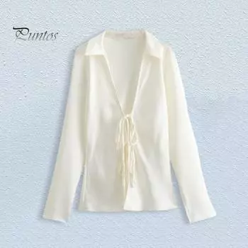 Женская рубашка с лацканами, рубашка с длинным рукавом и шнуровкой, сексуальный полый эффект, шелковый атлас, текстурированная бантовая деталь, однотонные рубашки, топы XS абрикосовый