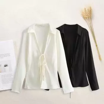 Женская рубашка с лацканами, рубашка с длинным рукавом и шнуровкой, сексуальный полый эффект, шелковый атлас, текстурированная бантовая деталь, однотонные рубашки, топы S чёрный