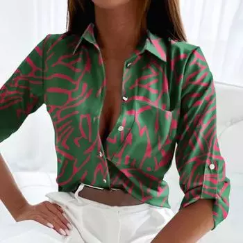 Женская рубашка с лацканами, рубашка с длинным рукавом, геометрический узор, приталенные топы, однобортная рубашка, уличная одежда S белый