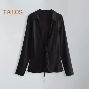 Женская рубашка с лацканами, рубашка с длинным рукавом и шнуровкой, сексуальный полый эффект, шелковый атлас, текстурированная бантовая деталь, однотонные рубашки, топы XS абрикосовый