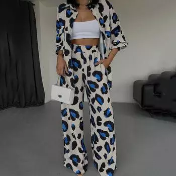 Женская рубашка с леопардовым принтом и длинным рукавом, блузка, костюмы, корейские свободные прямые брюки, комплекты из 2 предметов, женские повседневные женские брюки S синий