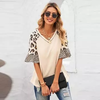 Женская рубашка с леопардовым принтом в европейском и американском стиле, с рукавами пять точек, сверху и снизу, с небольшим V-образным вырезом S бежевый