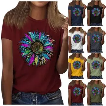 Женская рубашка с милым принтом подсолнуха и коротким рукавом, круглым вырезом и передним плечом, винтажная летняя свободная рубашка с короткими рукавами, топ XL