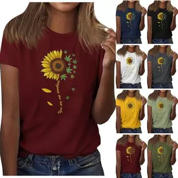 Женская рубашка с милым принтом подсолнуха и коротким рукавом, круглым вырезом и передним плечом, винтажная летняя свободная рубашка с короткими рукавами, топ M жёлтый