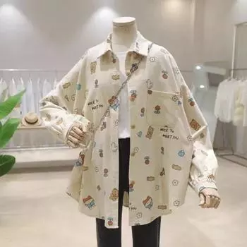 Женская рубашка с милым принтом, повседневная женская блузка с длинными рукавами, весенне-осенний кардиган с лацканами, топы с длинными рукавами S(40-50KG) абрикосовый
