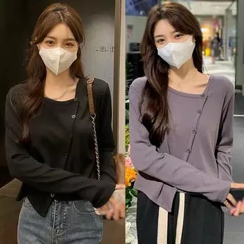 Женская рубашка с нерегулярными пуговицами, свободные однотонные футболки с длинными рукавами, повседневная футболка, топ