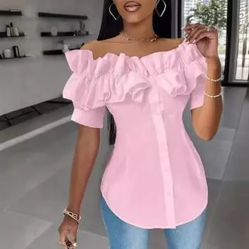 Женская рубашка с открытыми плечами и рюшами, однобортная рубашка с короткими рукавами, топы, однотонная облегающая блузка, рабочая одежда 2XL