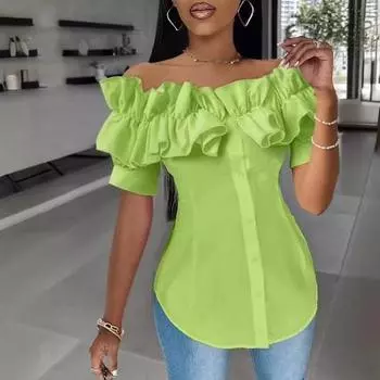Женская рубашка с открытыми плечами и рюшами, однобортная рубашка с короткими рукавами, топы, однотонная облегающая блузка, рабочая одежда 2XL белый