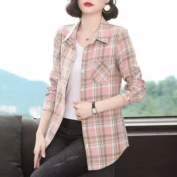 Женская рубашка с отложным воротником, длинный рукав, однобортная свободная рубашка, классическая клетчатая рубашка с принтом, повседневная рубашка, блузка, женская одежда M розовый