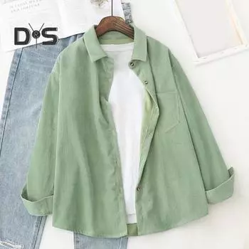 Женская рубашка с отложным воротником и длинным рукавом, осенне-зимняя свободная блузка, пальто L синий