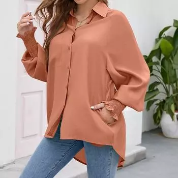 Женская рубашка с отложным воротником и рукавом-фонариком, повседневная однотонная свободная винтажная женская блузка, модные элегантные топы на пуговицах 2023, Mujer 26499 S коричневый