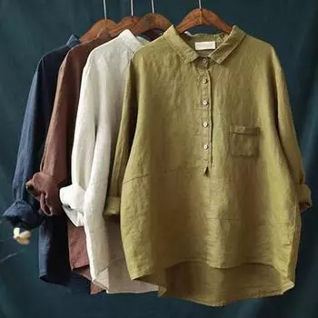 Женская рубашка с отложным воротником, пуловер с длинными рукавами, топы с пуговицами, полупланка с накладными карманами, повседневные топы, однотонная рубашка свободного покроя M бежевый