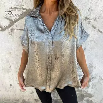 Женская рубашка с отложным воротником, V-образным вырезом, короткими рукавами, однотонная блузка свободного кроя средней длины для клубной вечеринки M синий