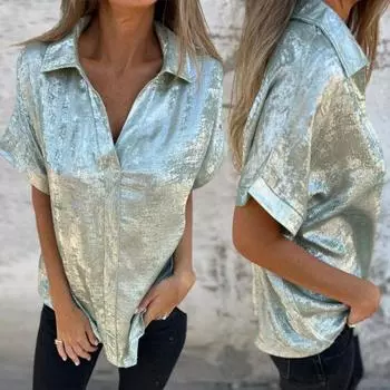 Женская рубашка с отложным воротником, V-образным вырезом, короткими рукавами, однотонная блузка свободного кроя средней длины для клубной вечеринки XL серый