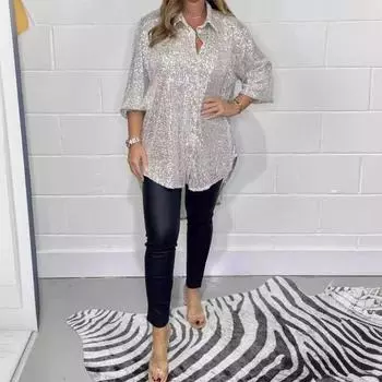 Женская рубашка с отворотом, рукавом до локтя, однобортная рубашка свободного кроя, топы с блестками, повседневная рубашка средней длины S чёрный