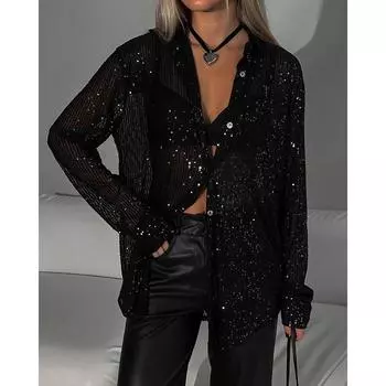 Женская рубашка с пайетками, блестящая блузка с пайетками и лацканами, с длинным рукавом, планкой на пуговицах, сексуальная блузка для вечеринки, рубашка S чёрный