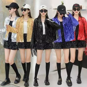 Женская рубашка с пайетками, блузка с кисточками и бисером, одежда для барных танцев one size красный