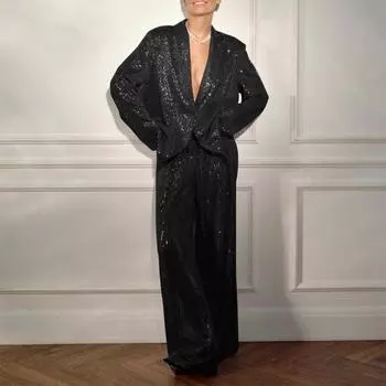 Женская рубашка с пайетками, брюки, лацкан, V-образный вырез, мешковатое пальто с длинным рукавом и средней длиной L золотистый