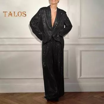 Женская рубашка с пайетками, брюки, лацкан, V-образный вырез, мешковатое пальто с длинным рукавом и средней длиной, широкие брюки большого размера для вечеринок, клубных нарядов знаменитостей L Trousers чёрный