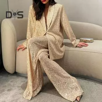Женская рубашка с пайетками, брюки, лацкан, V-образный вырез, мешковатое пальто с длинным рукавом и средней длиной, широкие брюки большого размера для вечеринок, клубных нарядов знаменитостей XL Trousers серебряный