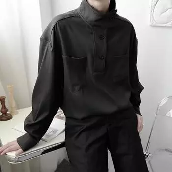 Женская рубашка с полувысоким воротником, пуговицами, полузастежкой, длинным рукавом, с карманами, однотонная M белый