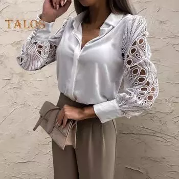 Женская рубашка с полым кружевом, дизайн с длинным рукавом и воротником с лацканами, топы, однобортная свободная однотонная рубашка S чёрный