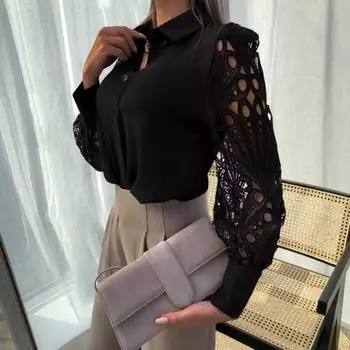 Женская рубашка с полым кружевом, дизайн с длинным рукавом и воротником с лацканами, топы, однобортная свободная однотонная рубашка S чёрный
