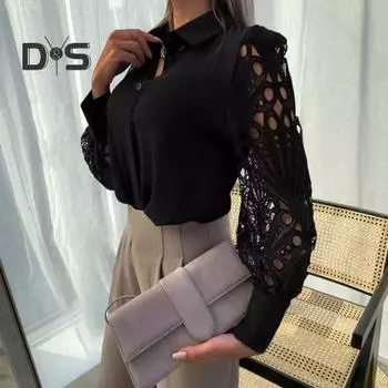 Женская рубашка с полым кружевом, дизайн с длинным рукавом и воротником с лацканами, топы, однобортная свободная однотонная рубашка S чёрный