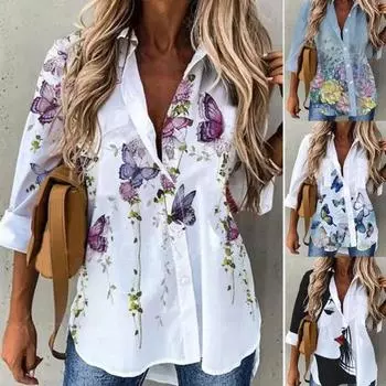 Женская рубашка с принтом бабочки и отложным воротником, однобортный художественный весенний топ для повседневной носки M фиолетовый