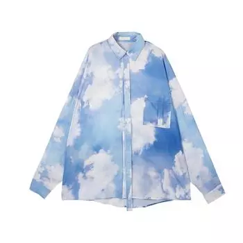 Женская рубашка с принтом «Голубое небо и белые облака» Свободные рубашки с длинными рукавами в стиле отпуска Однобортный женский топ с лацканами S небесно-голубой