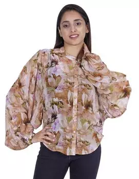 Женская рубашка с принтом Moomaya на пуговицах с воротником-стойкой и длинным рукавом с длинным рукавом L синий