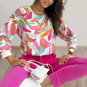 Женская рубашка с принтом на весну и осень, женская блузка с длинными рукавами и круглым вырезом XXL белый