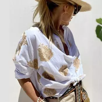 Женская рубашка с принтом, новинка осени, женская рубашка с длинными рукавами и лацканами на пуговицах S белый